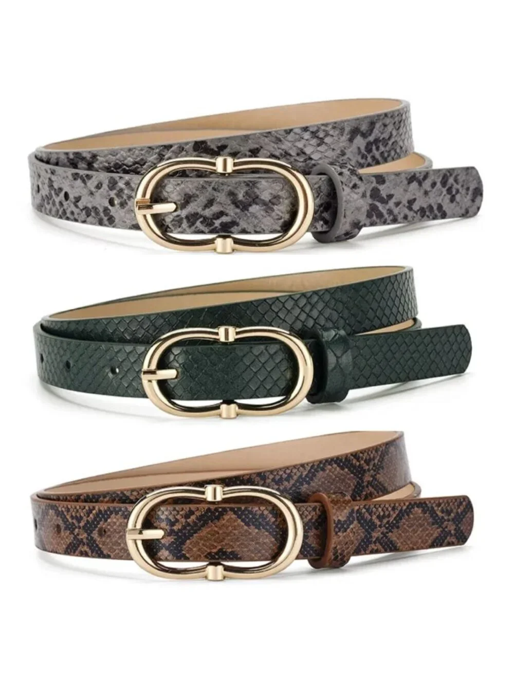 Snake Print PU Leather Skinny Belt Set W/ Gold Oval Buckle In Grey Green & Brown